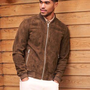 FOSSE3532 Brown Suede Bomber Jacket