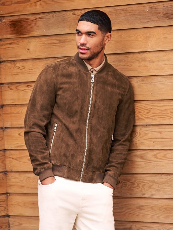 FOSSE3532 Brown Suede Bomber Jacket
