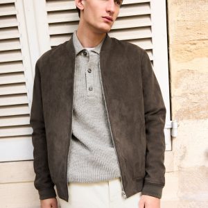FOSSE3530 Dark Faux Suede Bomber Jacket