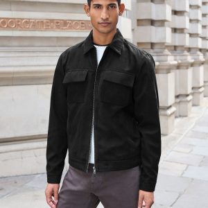 FOSSE3540 Black Faux Suede Collared Shacket