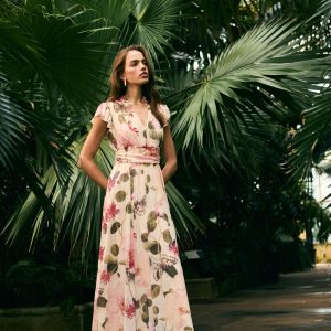 FOSSE3596 Cream Tropical Pleated Mesh Print V-Neck Occasion Midi Dress