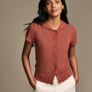 FOSSE3562 Rust Brown Button Down Crochet Knit Top