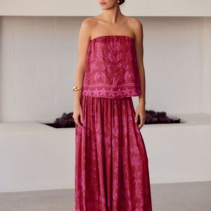 FOSSE3546 Red/Pink Glossy Satin Printed Pleat Maxi Skirt