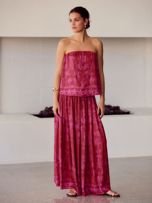 FOSSE3546 Red/Pink Glossy Satin Printed Pleat Maxi Skirt