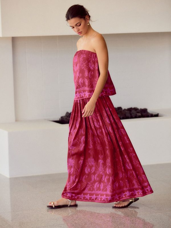 FOSSE3546 Red/Pink Glossy Satin Printed Pleat Maxi Skirt - Image 2