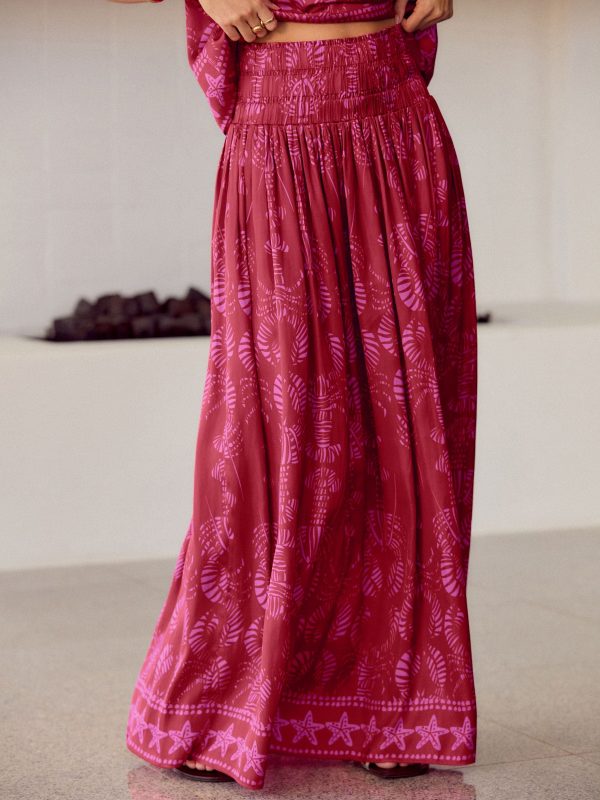 FOSSE3546 Red/Pink Glossy Satin Printed Pleat Maxi Skirt - Image 3