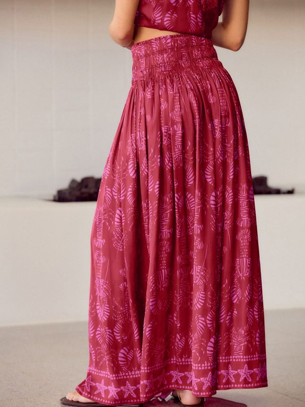 FOSSE3546 Red/Pink Glossy Satin Printed Pleat Maxi Skirt - Image 4