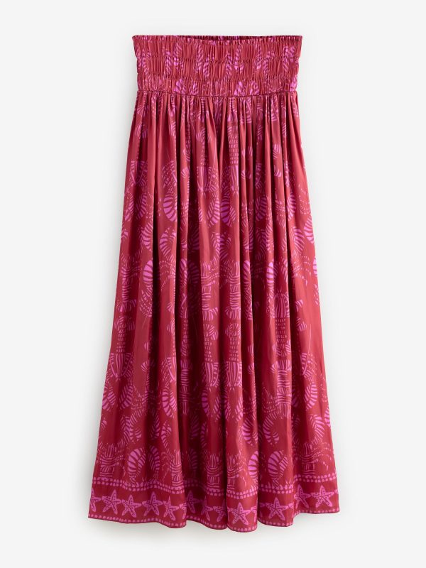 FOSSE3546 Red/Pink Glossy Satin Printed Pleat Maxi Skirt - Image 6