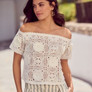 FOSSE3559 White Ecru Floral Print Crochet Bardot Off Shoulder Top With Cotton
