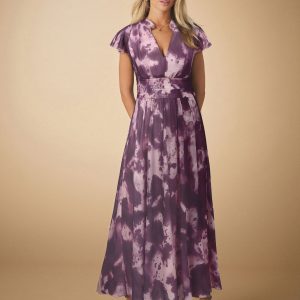 FOSSE3603 Pink/Purple Pleated Mesh Print V-Neck Occasion Midi Dress