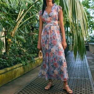 FOSSE3601 Blue Floral Pleated Mesh Print V-Neck Occasion Midi Dress