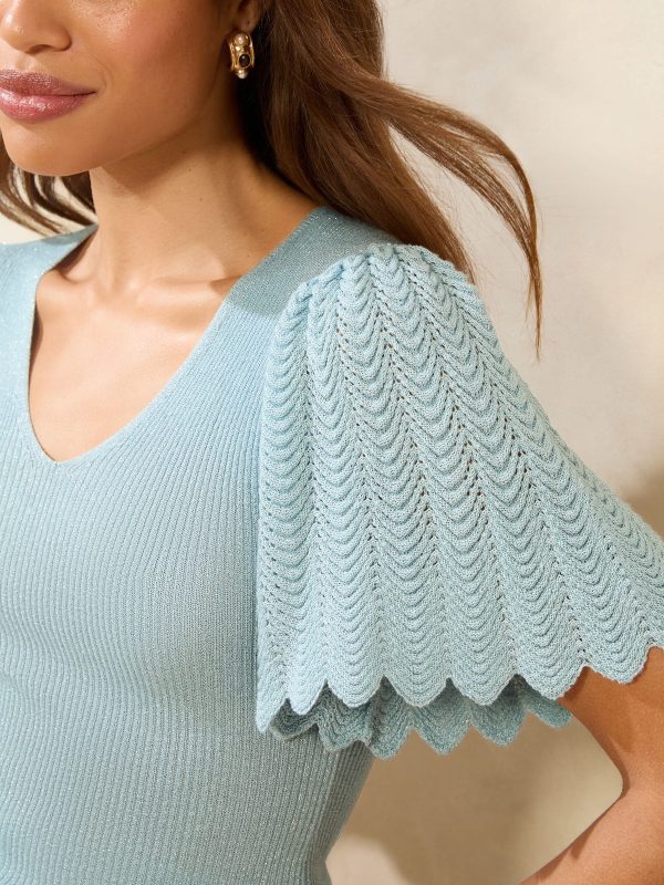 FOSSE3567 Blue Knitted Sparkle Metallic V-Neck Flute Sleeve Top - Image 4