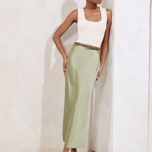 FOSSE3543 Green Midi Satin Skirt