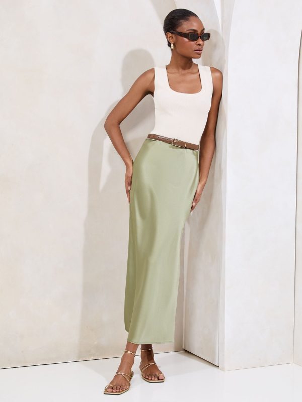 FOSSE3543 Green Midi Satin Skirt