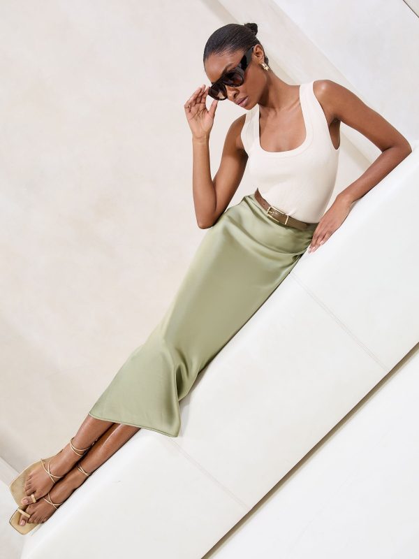 FOSSE3543 Green Midi Satin Skirt - Image 3