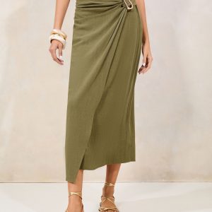 FOSSE3547 Green Touch of Linen Wrap Midi Skirt