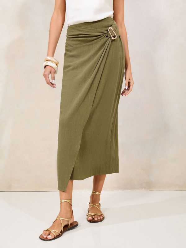FOSSE3547 Green Touch of Linen Wrap Midi Skirt