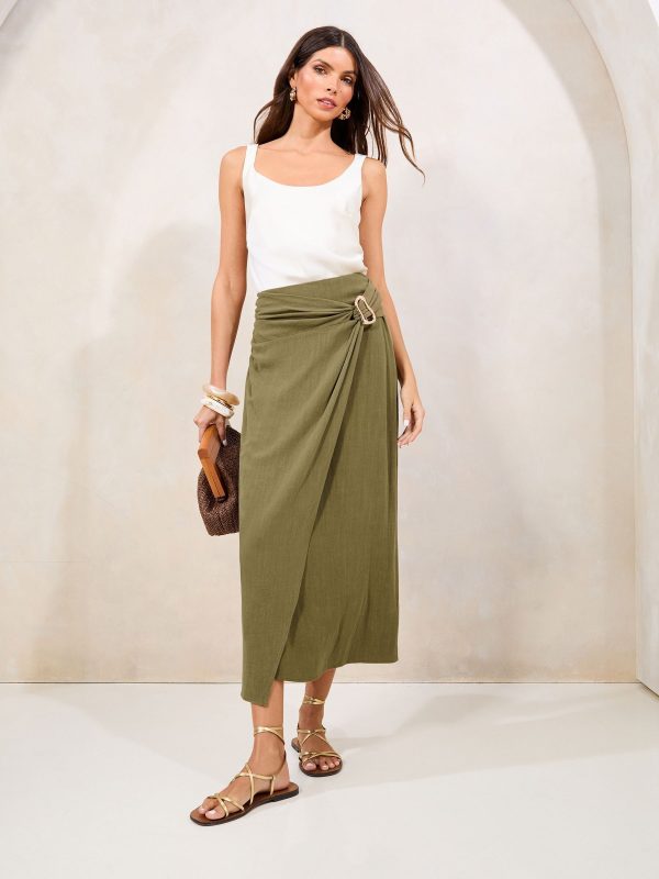 FOSSE3547 Green Touch of Linen Wrap Midi Skirt - Image 4