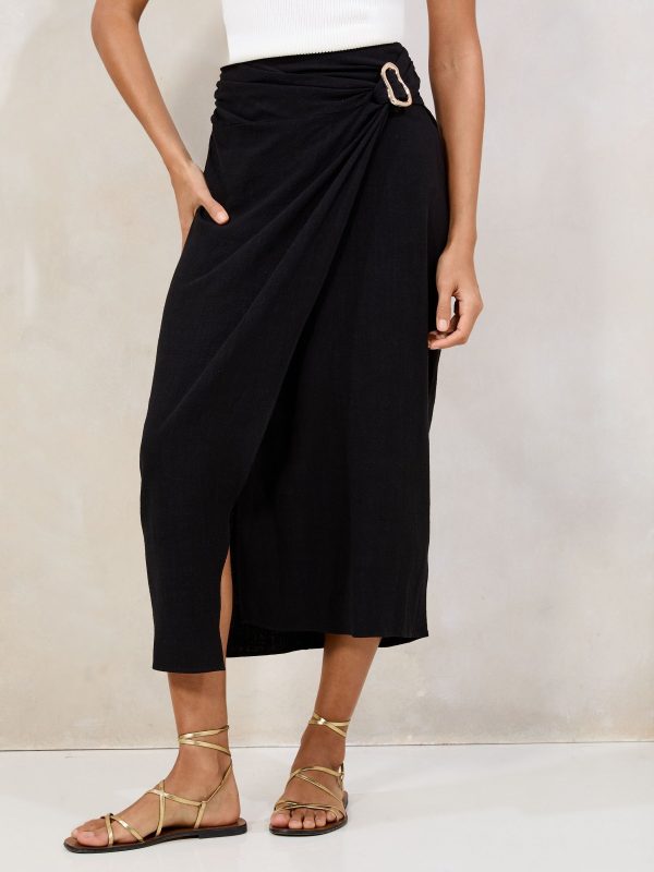 FOSSE3553 Black Touch of Linen Wrap Midi Skirt