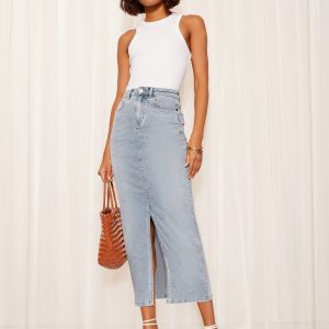FOSSE3554 Bleach Blue Split Front Denim Midi Skirt