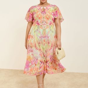 FOSSE3593 Pink Curve Printed Chiffon Short Sleeve Maxi Dress