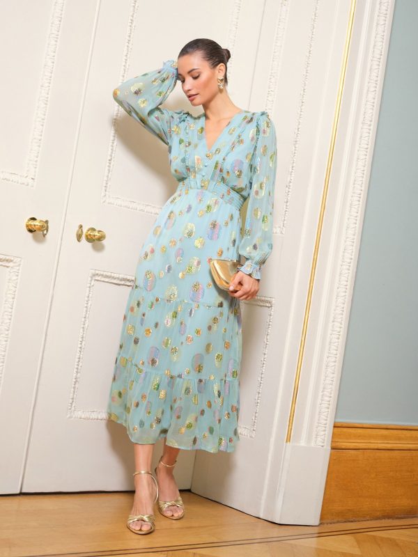 FOSSE3599 Green Spot Metallic Crew Neck Short Sleeve Midi Dress - Image 3