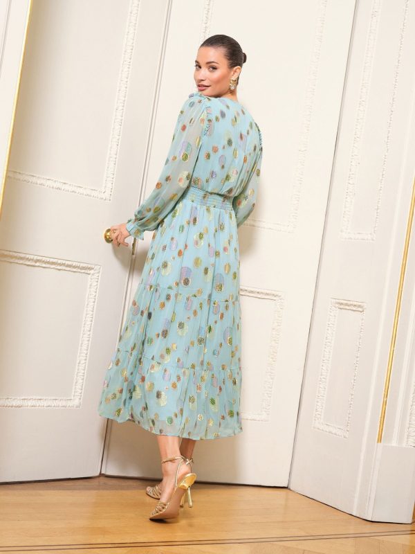 FOSSE3599 Green Spot Metallic Crew Neck Short Sleeve Midi Dress - Image 4