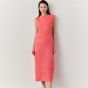 FOSSE3602 Coral Pink Boat Neck Maxi Linen Blend Dress