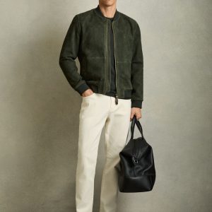FOSSE3527 Antique Dark Forest Green Block Leather-Sleeve Suede Brick Bomber Jacket
