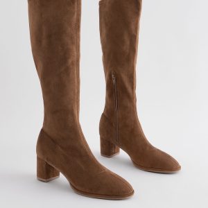 FOSSE3581 Tan Brown Standard/Wide Sock Block Knee High Boots