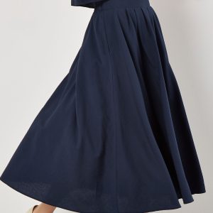 FOSSE3548 Blue Slub Pleat A-Line Midi Skirt
