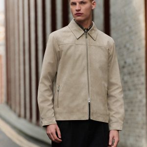 FOSSE3536 Neutral Faux Suede Zip Through Collared Shacket