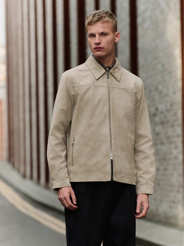 FOSSE3536 Neutral Faux Suede Zip Through Collared Shacket