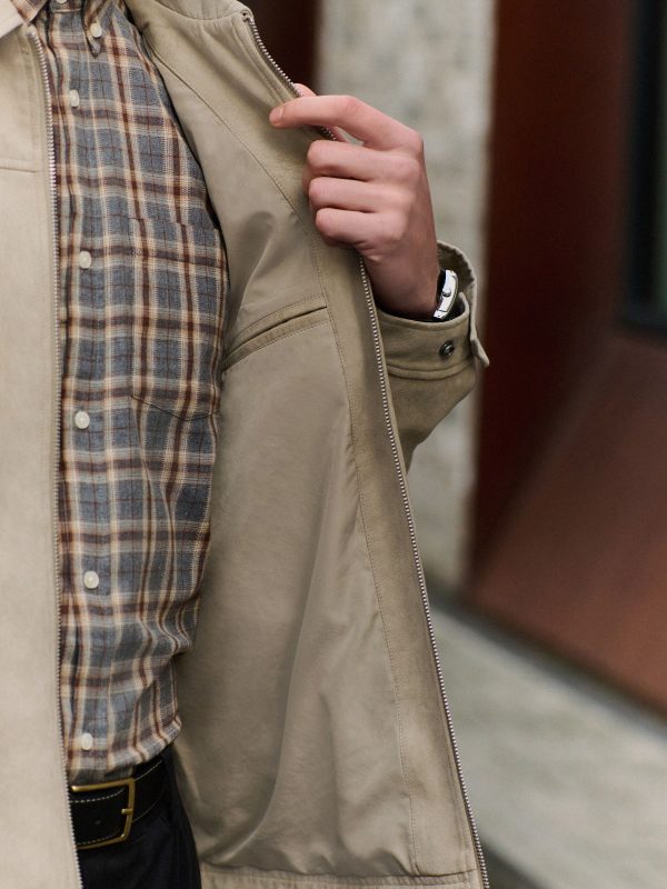 FOSSE3536 Neutral Faux Suede Zip Through Collared Shacket - Image 6