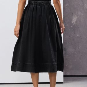 FOSSE3550 Black Full A-line Denim 100% Cotton Midi Skirt
