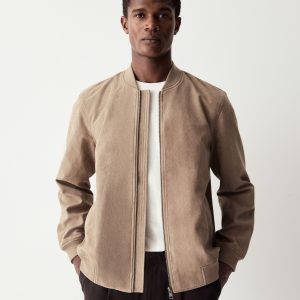 FOSSE3531 Neutral Faux Suede Bomber Jacket