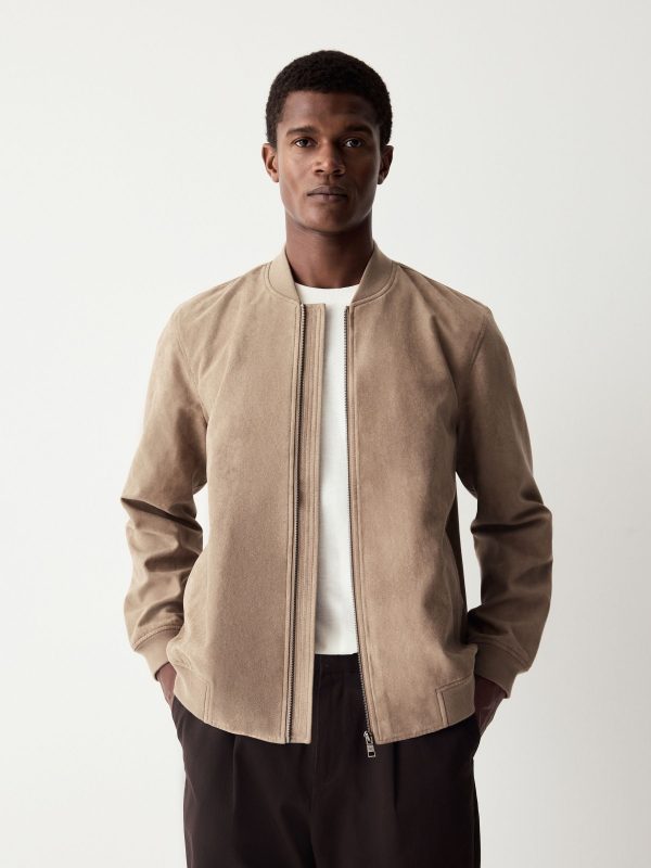 FOSSE3531 Neutral Faux Suede Bomber Jacket
