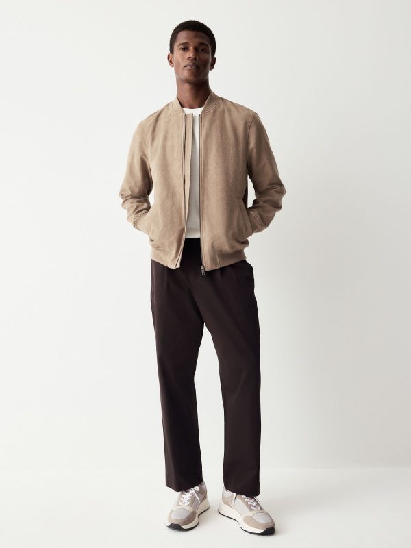 FOSSE3531 Neutral Faux Suede Bomber Jacket - Image 3