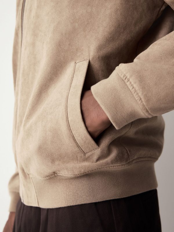 FOSSE3531 Neutral Faux Suede Bomber Jacket - Image 5