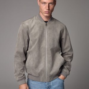 FOSSE3533 Light Grey Faux Suede Bomber Jacket