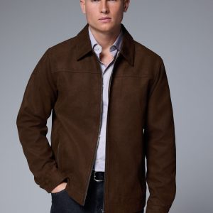 FOSSE3525 Brown Faux Suede Zip Through Collared Shacket