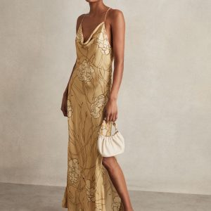 FOSSE3598 Gold Rochelle Satin Floral-Print Slip Maxi Dress