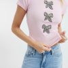FOSSE3566 Pink Diamante Bow Ribbed T-Shirt - Image 4