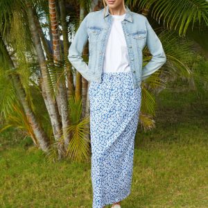 FOSSE3552 Blue Leopard Print Lightweight Jersey 100% Cotton Midi Skirt with Pockets